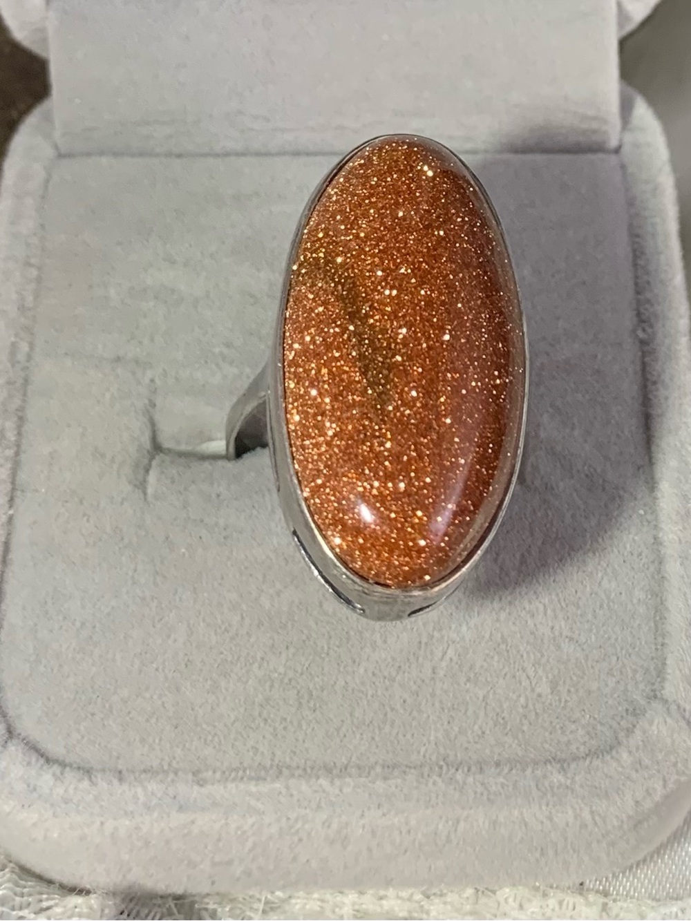 Sparkling Orange Goldstone Oval Large Ring in Silver Plated Setting